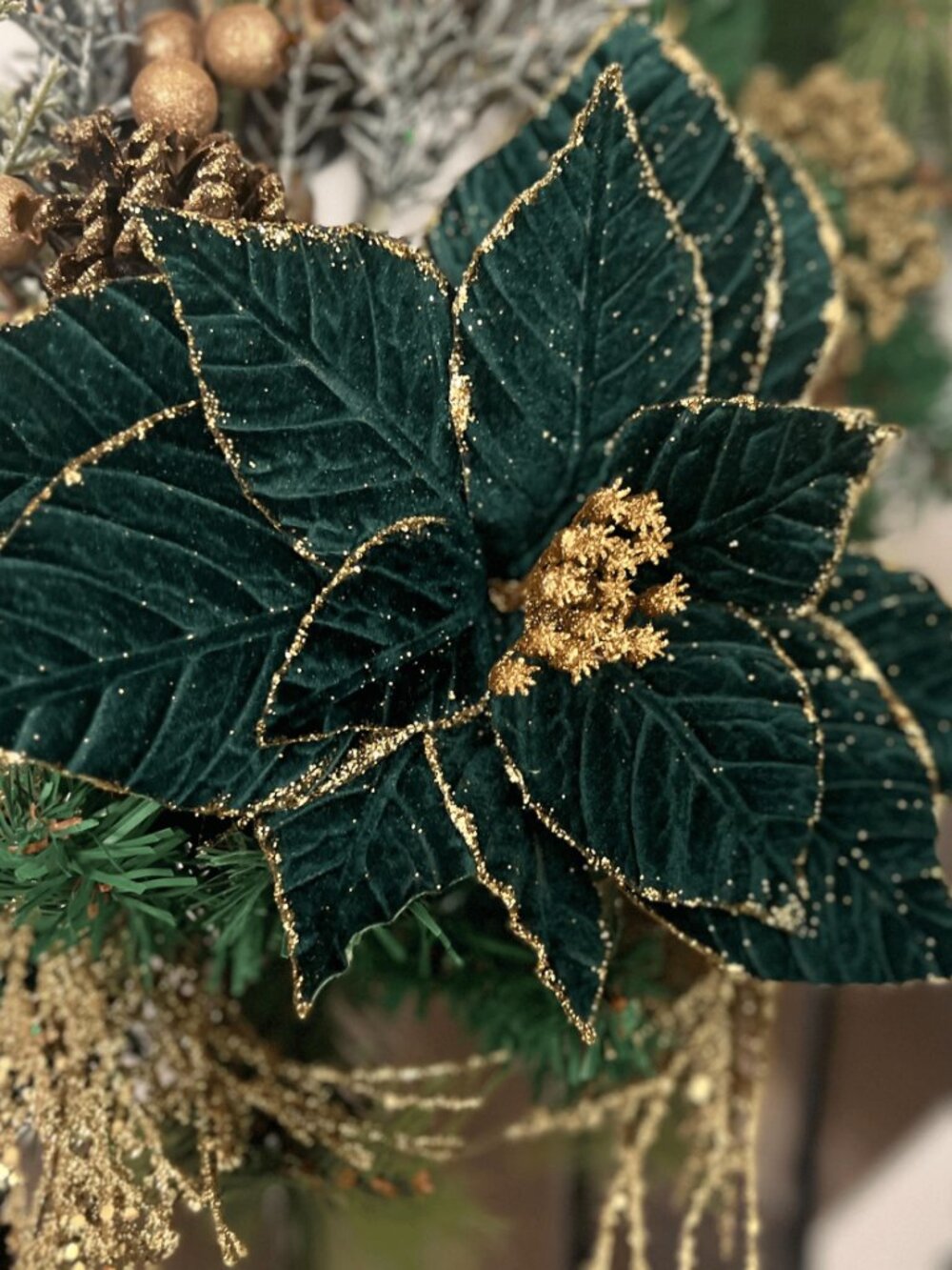 24" Stem 11" W Velvet Green Poinsettia Pick Stem Christmas Tree Trimming Wreath